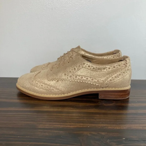 Gianni Bini Gold Metallic Leather Wood Bottom Oxford Shoes Womens Size 7 - Picture 3 of 8